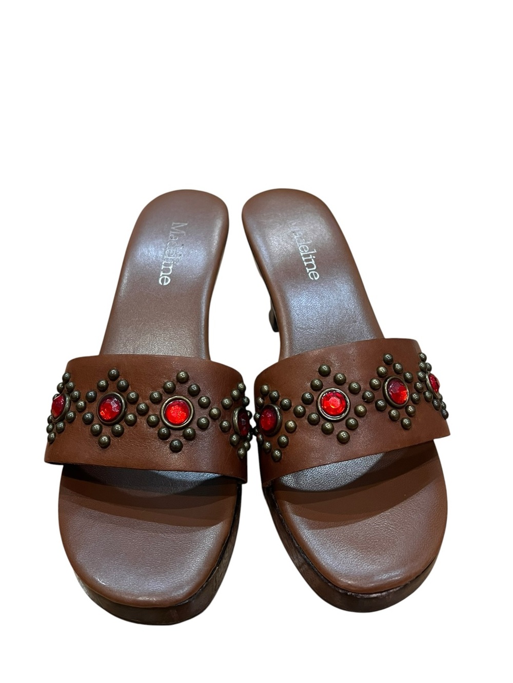 Brown Slide Sandals with Red Gem Accents